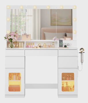 WOLTU Kaptafel met 3-delige spiegel, 10 LED-lampjes en laadstation - Ideaal voor de slaapkamer
