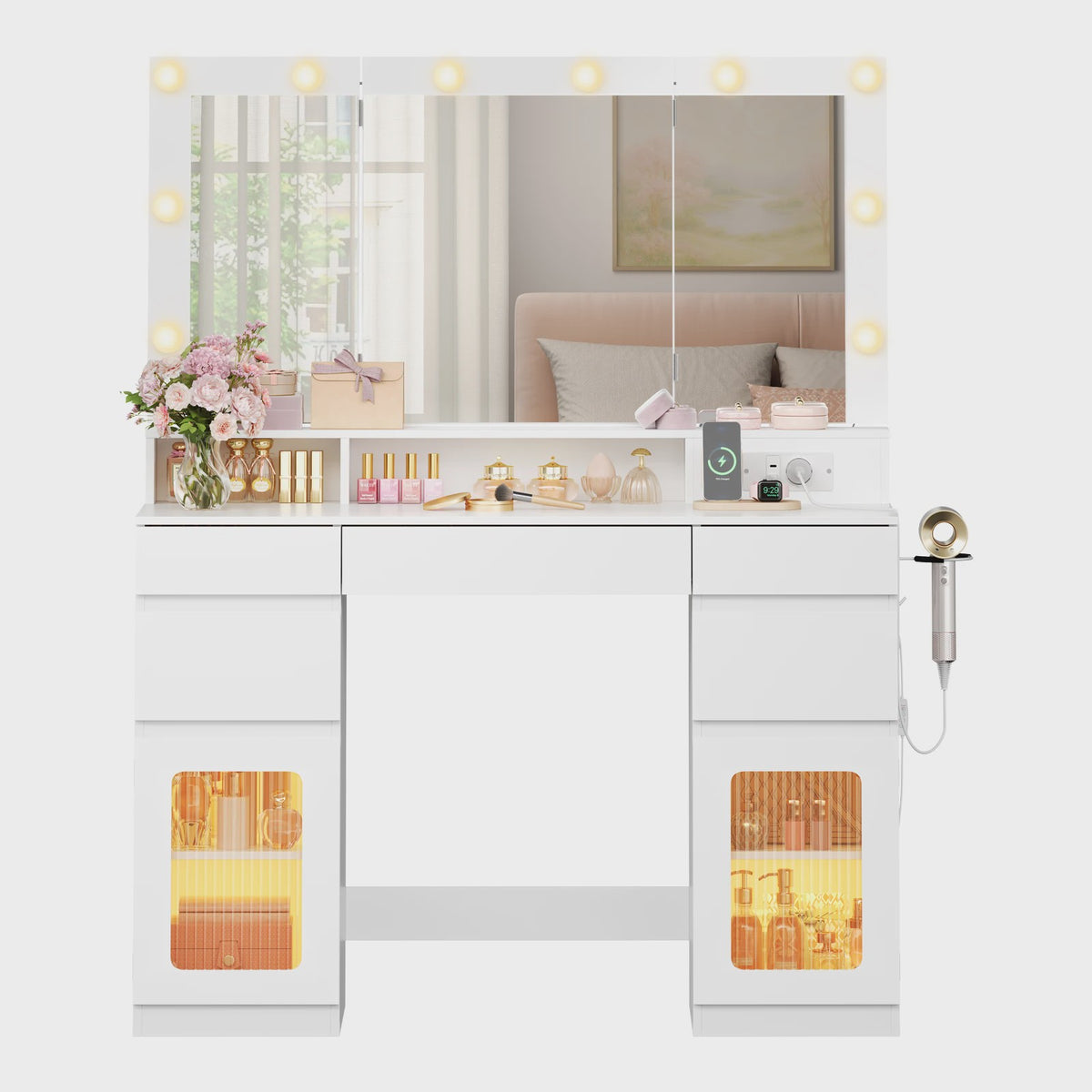 WOLTU Kaptafel met 3-delige spiegel, 10 LED-lampjes en laadstation - Ideaal voor de slaapkamer