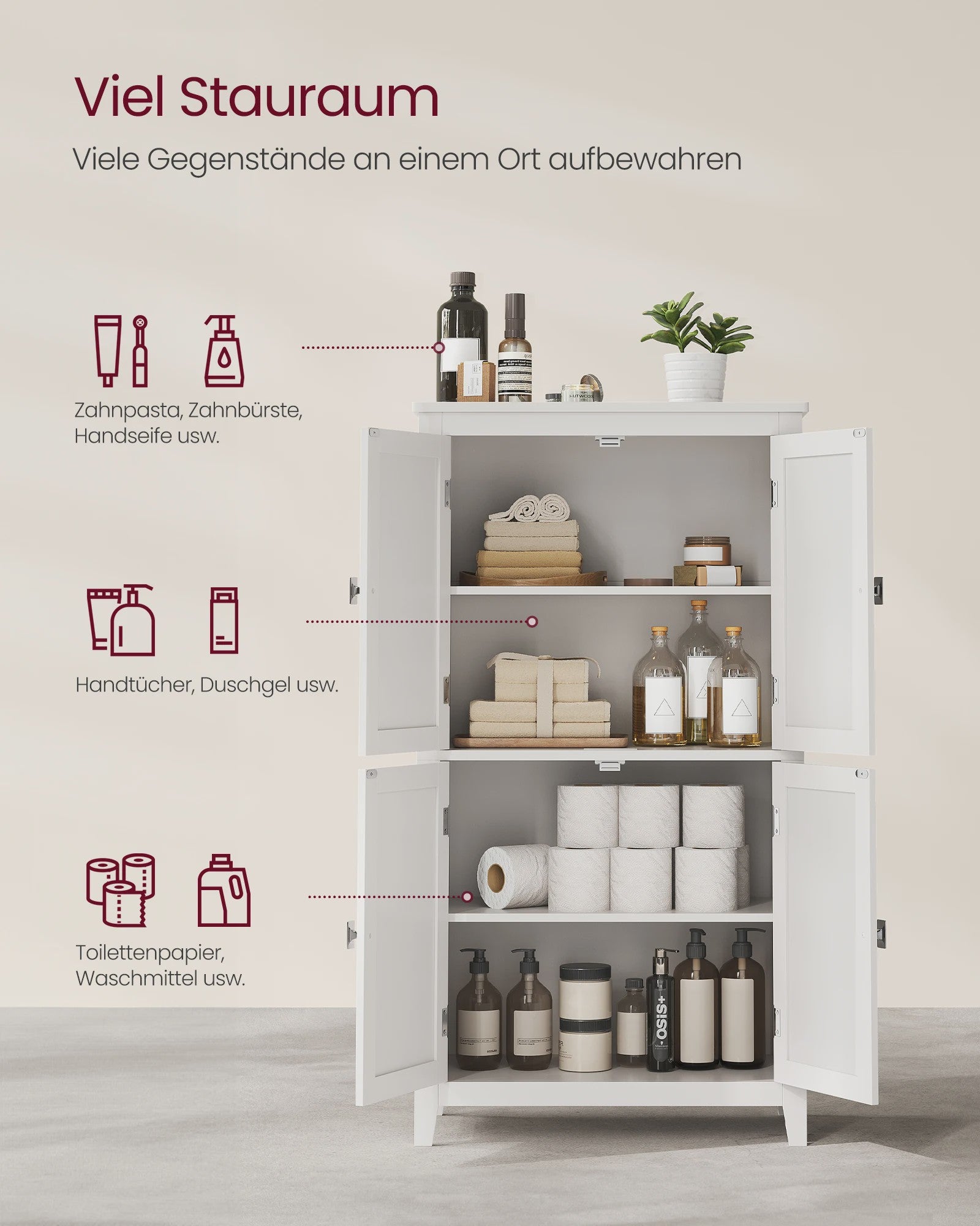 VASAGLE Hoge Kast met 4 Deuren - Stijlvolle Opbergoplossing voor Badkamer of Keuken (30x60x110 cm)