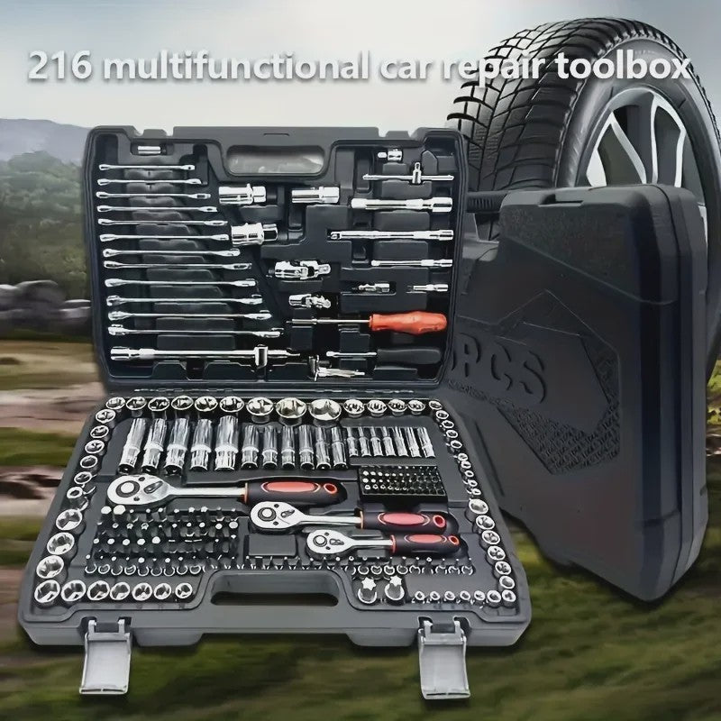216-delige Professionele Doppenset: SAE & Metrisch, 1/4", 3/8", 1/2" Aandrijving met 72-Tands Ratel voor Auto & Huis