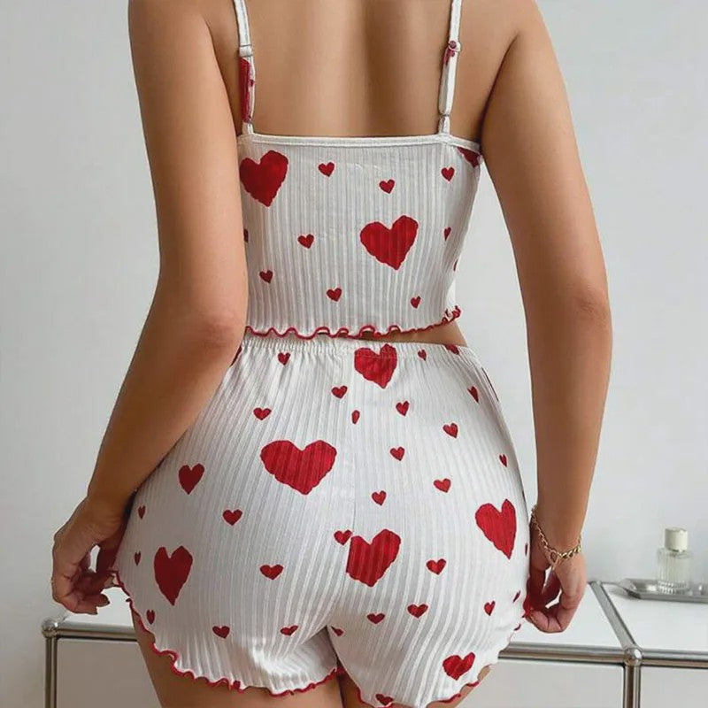 Dames Pyjama Set: 2-delig Tanktop & Shorts met Liefdesprint - Zacht & Ventilerend