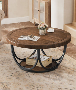 Ronde Salontafel met 2 Niveaus - 80 cm Houten Cocktailtafel met Metalen Frame