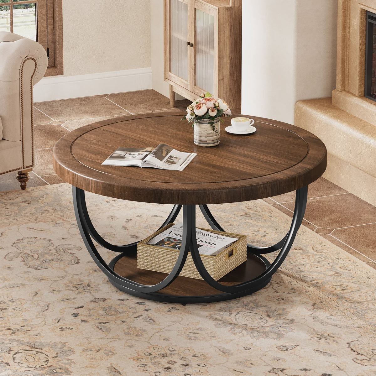 Ronde Salontafel met 2 Niveaus - 80 cm Houten Cocktailtafel met Metalen Frame