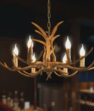 Vintage Herten Gewei Kroonluchter - 6-Lichts Hanglamp in Bruin