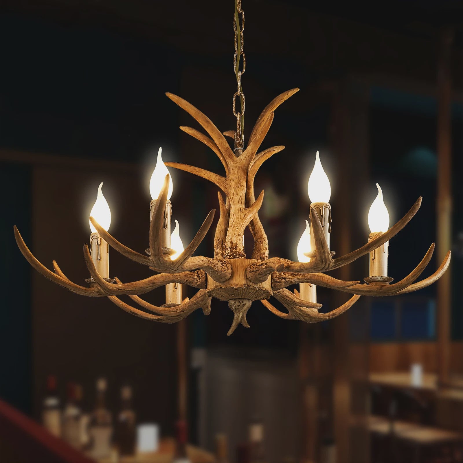 Vintage Herten Gewei Kroonluchter - 6-Lichts Hanglamp in Bruin