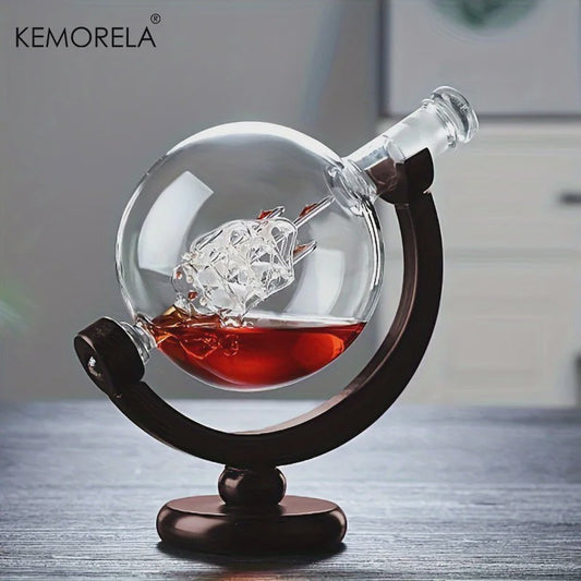 Luxe Whiskey Decanter Set in Wereldbol Design met Houten Standaard en 2 Glazen - 900ml