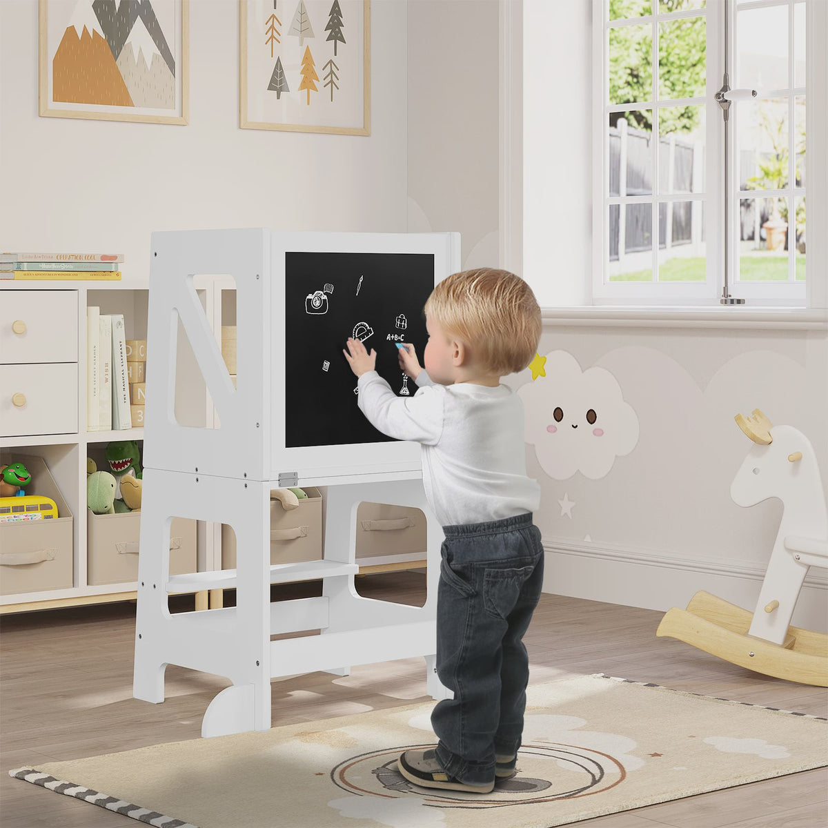 3-in-1 Montessori Kinder Keukentoren met Tafel & Bord - Opvouwbaar & Veilig
