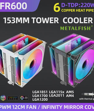 Metalfish FR600 CPU Air Cooler: 6 Heatpipes, ARGB PWM 12cm Fan, 153mm Hoogte