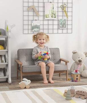 Grijze Kinderbank - Zachte Pluche 2-zits Sofa met Houten Frame