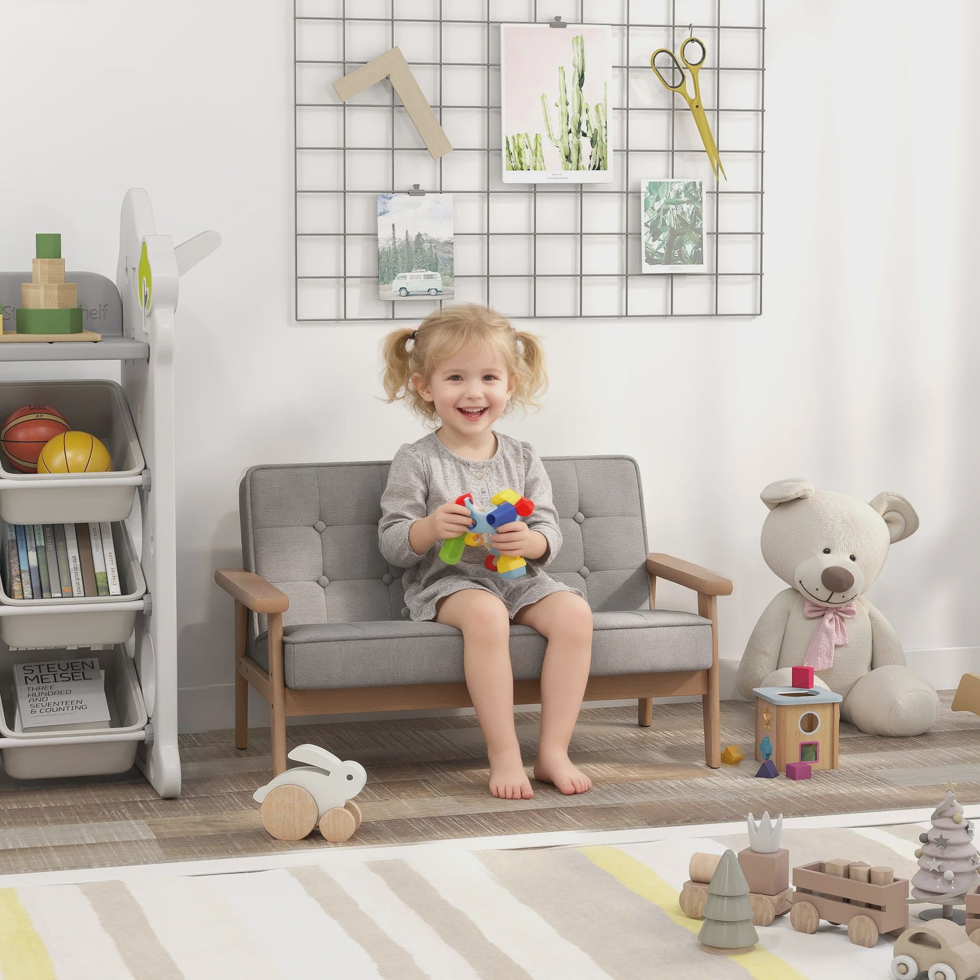 Grijze Kinderbank - Zachte Pluche 2-zits Sofa met Houten Frame