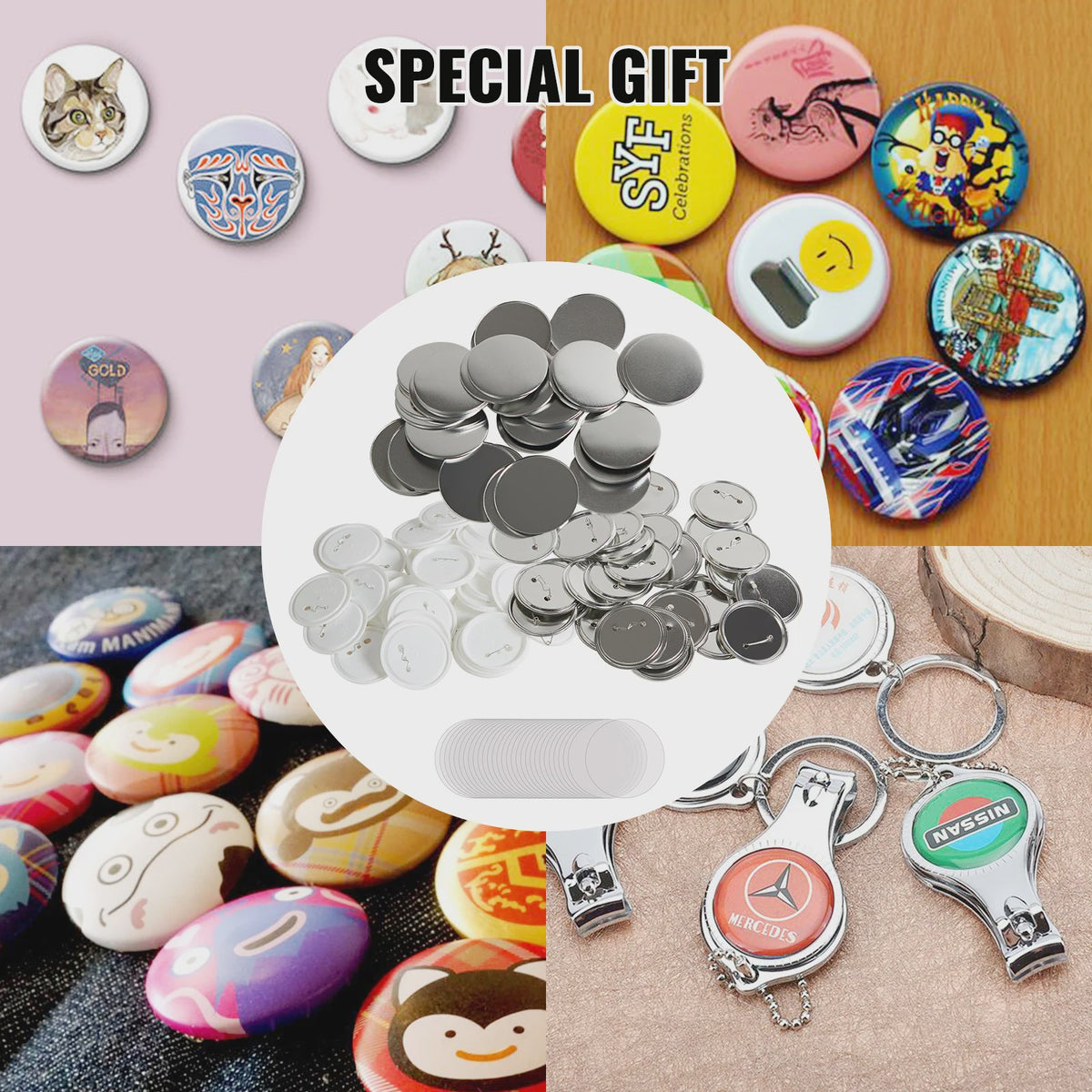 Set van 200/500 Button Badge Onderdelen: Metaal & Plastic Pin Badges in 25/32/58/75mm