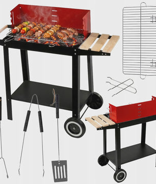 Mobiele Houtskool BBQ Grill met Wielen, Zijplanken en Accessoires - 40x40cm Grilloppervlak