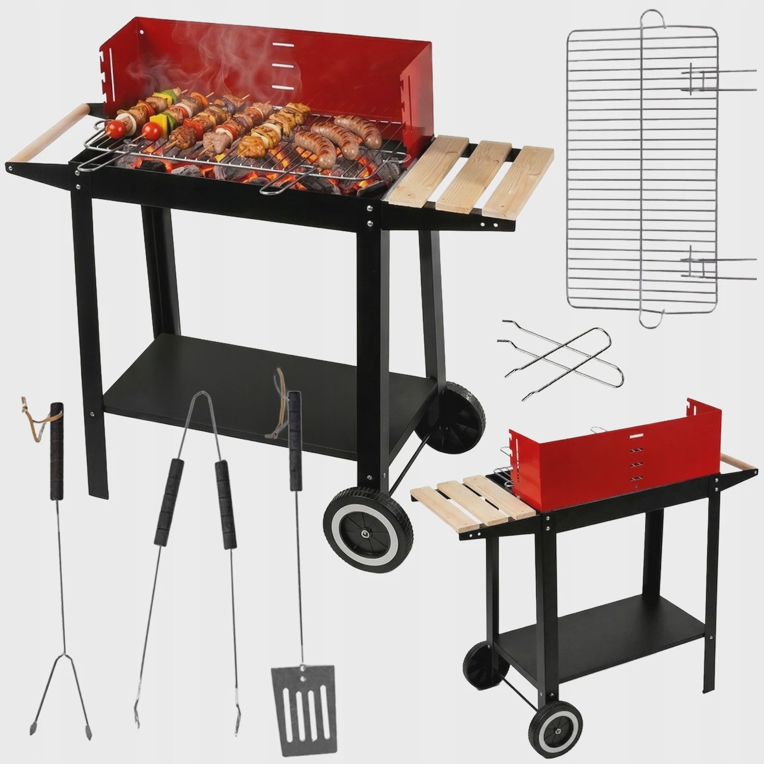 Mobiele Houtskool BBQ Grill met Wielen, Zijplanken en Accessoires - 40x40cm Grilloppervlak