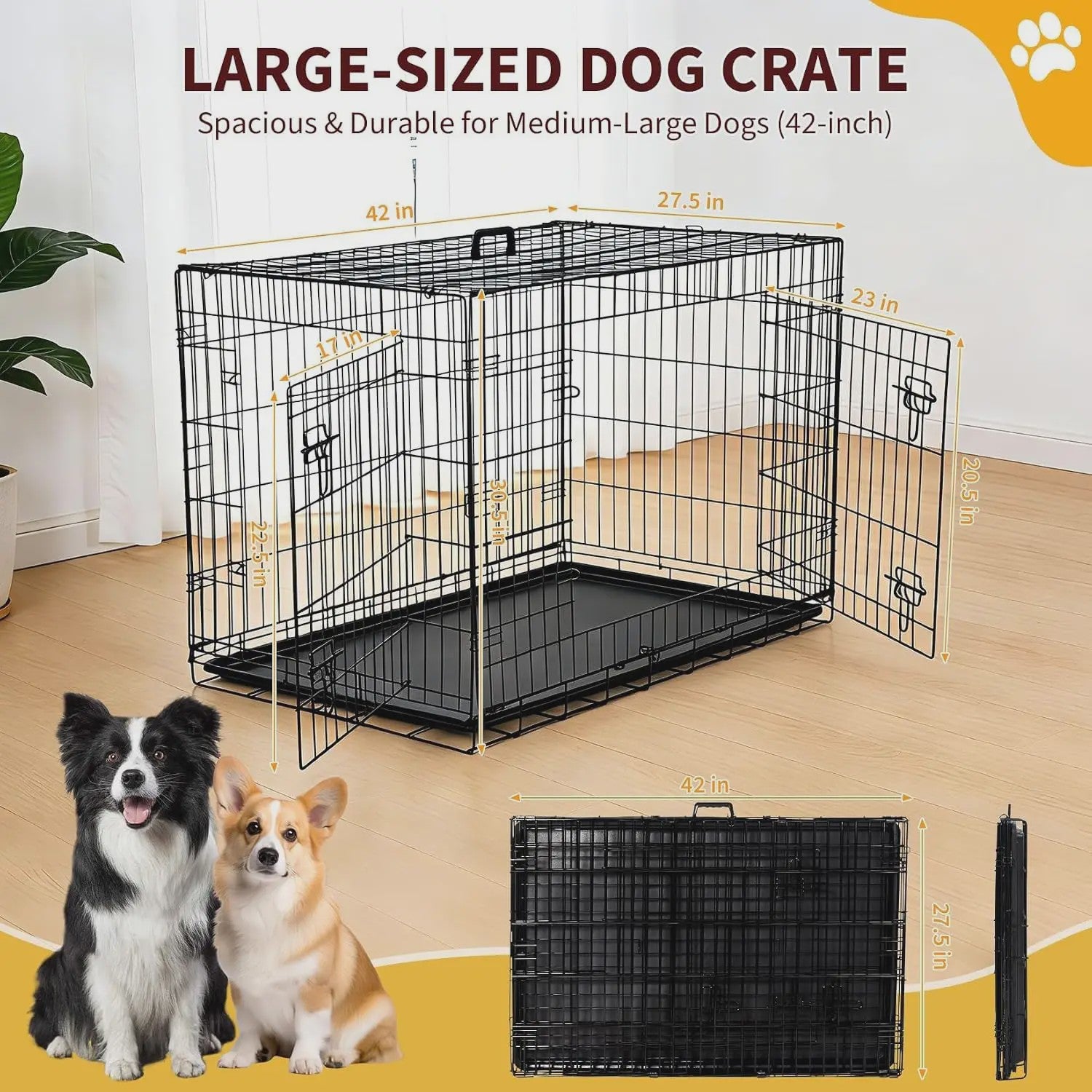 36 Inch Metalen Hondenkennel - Inklapbaar, Dubbele Deuren & Uitschuifbare Lade