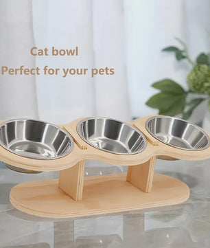 Verhoogde Bamboe Voerbak voor Hond en Kat - 3 Bakken, Ergonomisch Ontwerp