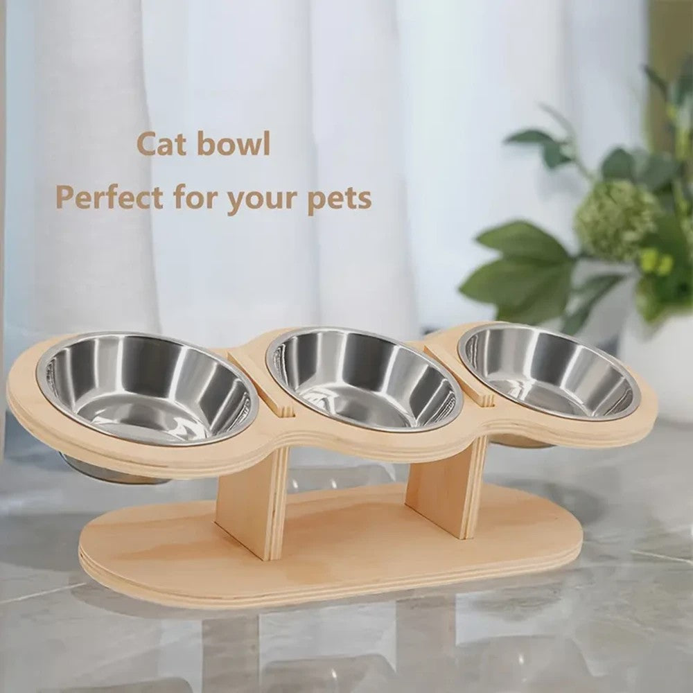 Verhoogde Bamboe Voerbak voor Hond en Kat - 3 Bakken, Ergonomisch Ontwerp