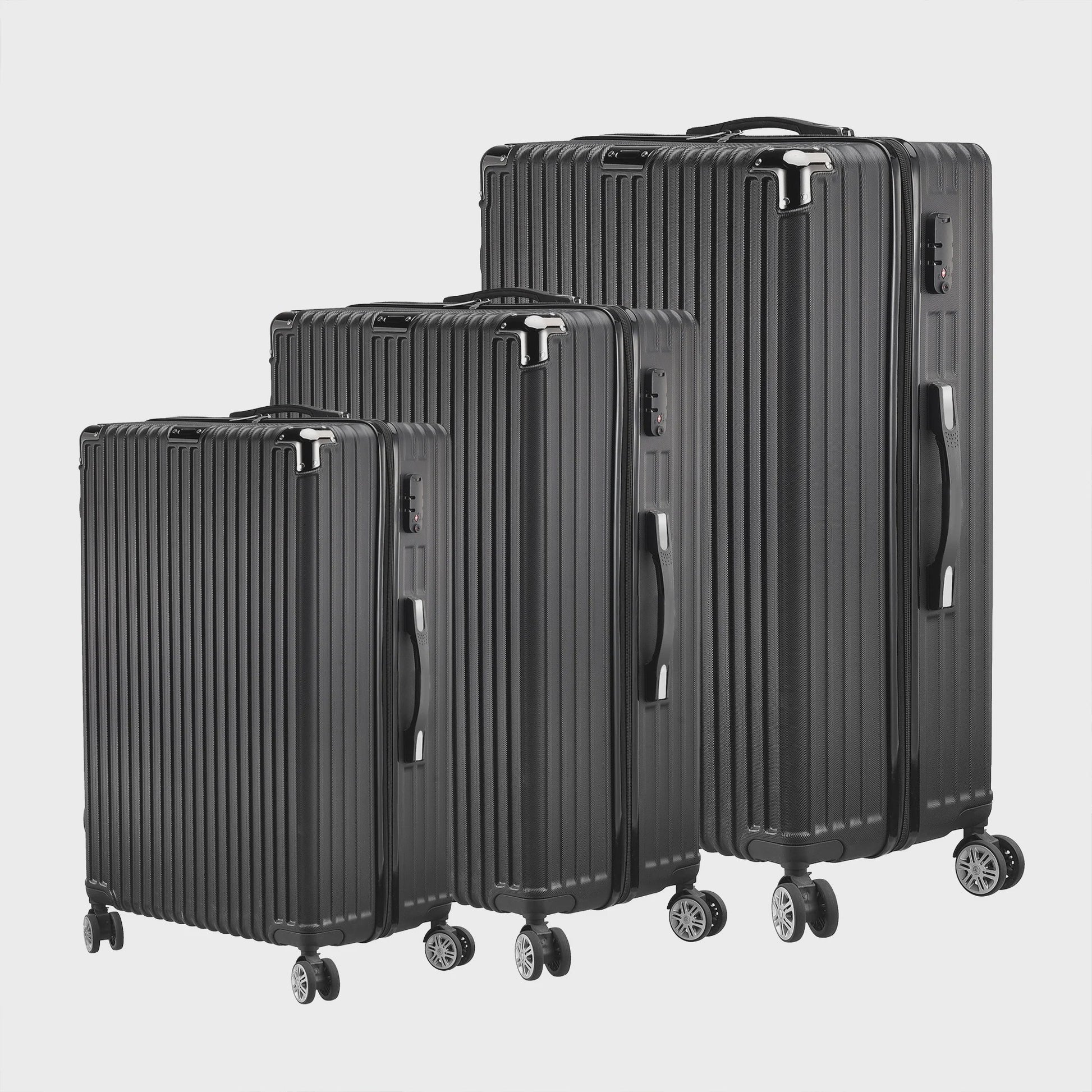 Set van 3 Zwarte Hardcase Koffers met TSA-slot en Dubbele Wielen (M/L/XL)