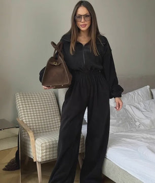 Dames Jumpsuit met Lange Mouwen en Elastische Taille - Casual & Elegant