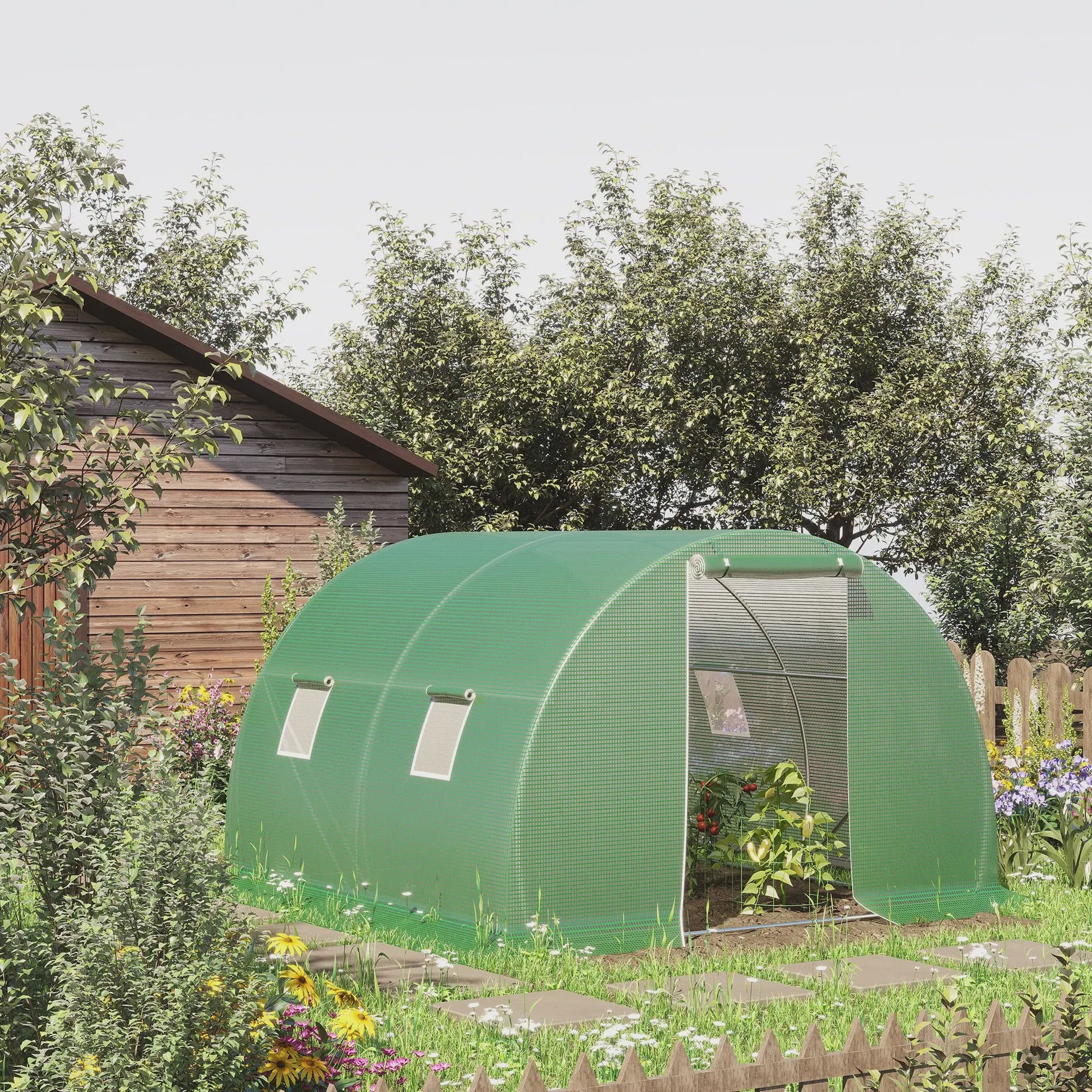 Outsunny Tunnel Kas 9m² - 3x3x2m - Groen - Met Roll-up Deur en 4 Ramen