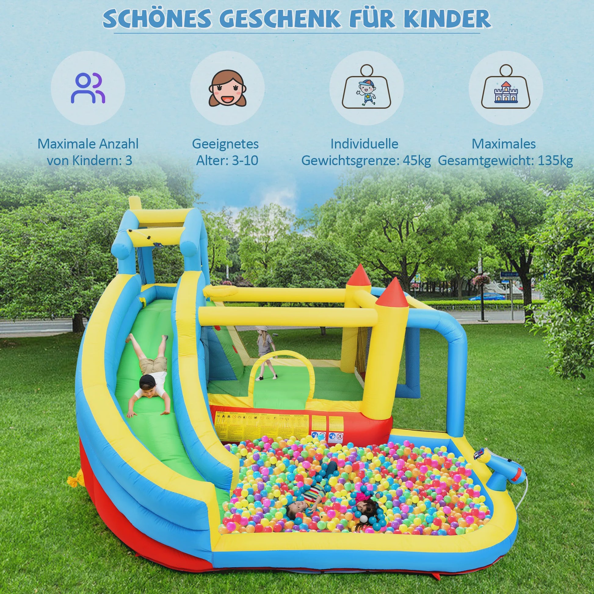 Opblaasbaar Speelkasteel met Glijbaan, Waterbad en Voetbalnet - 5-in-1 Plezier voor Kinderen (3-10 jaar)
