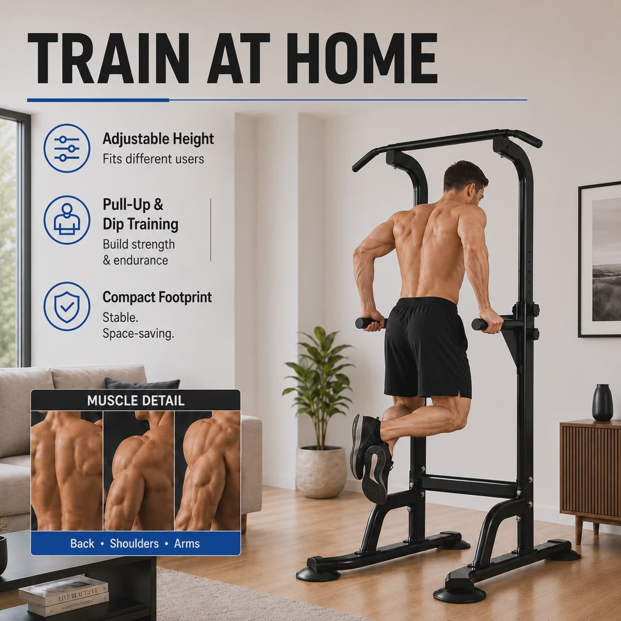 Power Tower Pull Up & Dip Station: 6-in-1 Home Gym voor Krachttraining, Verstelbaar (165-210cm), 350LB Capaciteit