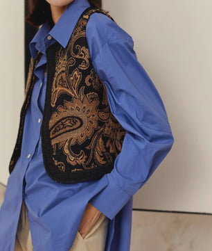 Dames Vintage Paisley Jacquard Vestje met Geborduurde Randen - Stijlvol Lente/Herfst Reisvest