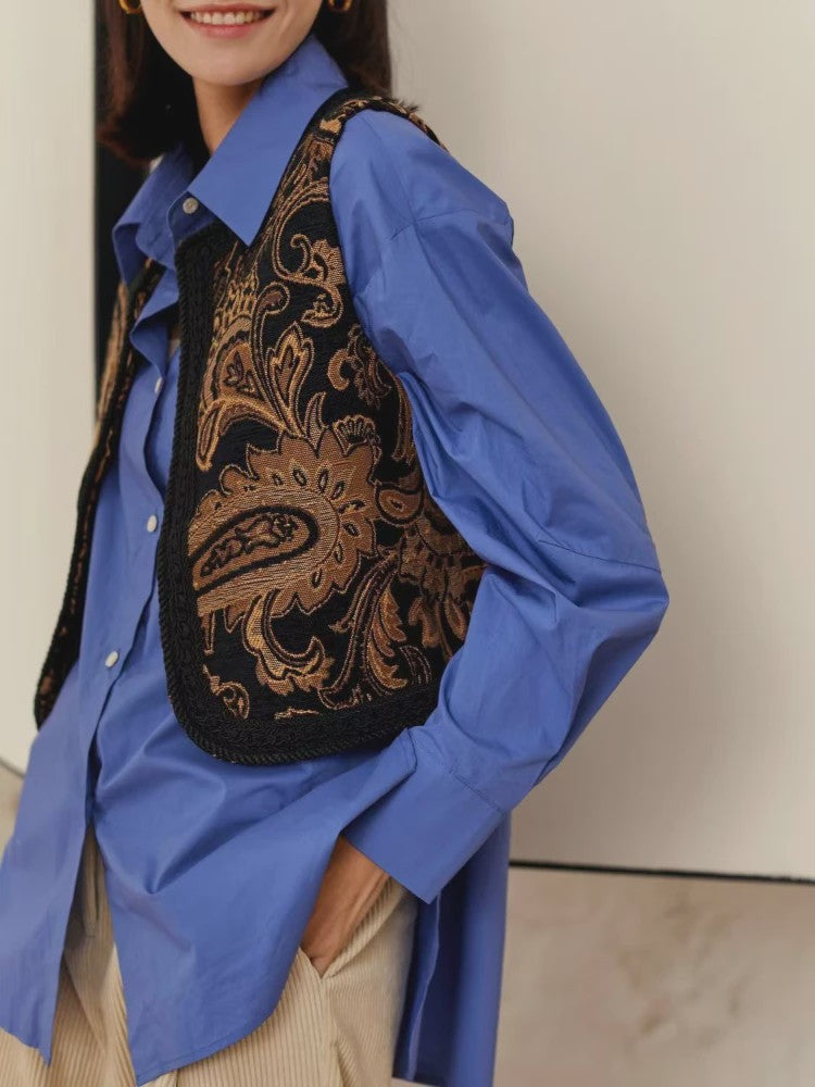 Dames Vintage Paisley Jacquard Vestje met Geborduurde Randen - Stijlvol Lente/Herfst Reisvest