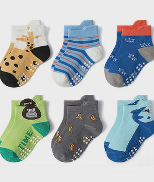 6 Paar Katoenen Kindersokken met Antislip & Leuke Dierenprints - Perfect voor Peuters en Jongens, het Hele Jaar Door