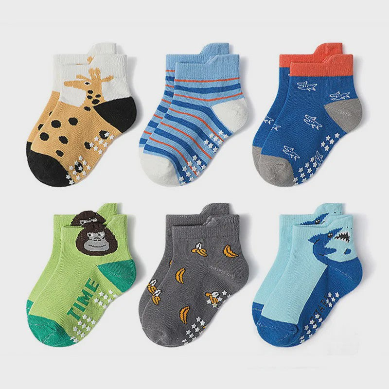 6 Paar Katoenen Kindersokken met Antislip & Leuke Dierenprints - Perfect voor Peuters en Jongens, het Hele Jaar Door