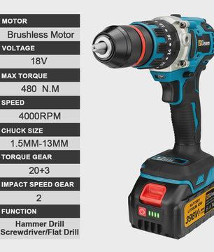 Krachtige Koolborstelloze Accu Klopboor/Schroefmachine 480Nm, 13mm, voor Makita 18V Accu