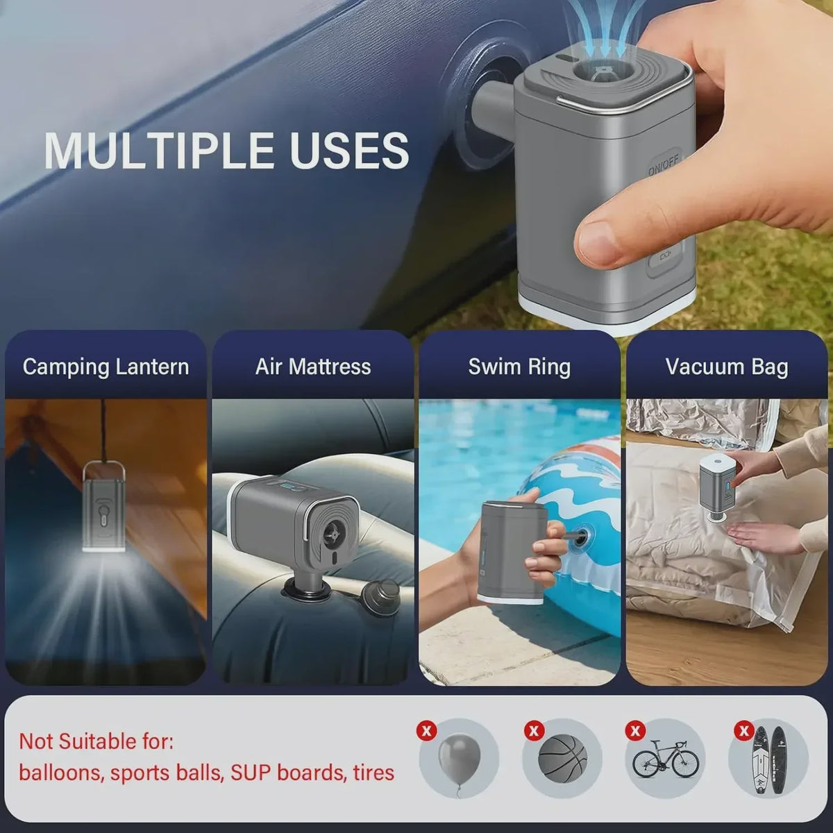 Draagbare Mini Luchtpomp - USB Oplaadbaar, 3-in-1 Pomp & Zuiger
