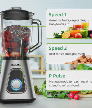 BioloMix Krachtige Blender 1300W met Glazen Kan (1.5L) - Perfect voor Smoothies & Sauzen