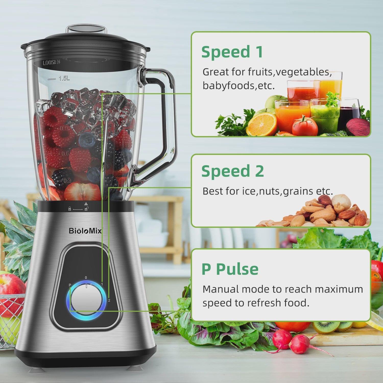 BioloMix Krachtige Blender 1300W met Glazen Kan (1.5L) - Perfect voor Smoothies & Sauzen