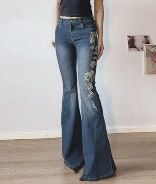 Dames Jeans met Retro Bloemenborduurwerk - Y2k Stijl Flared Broek