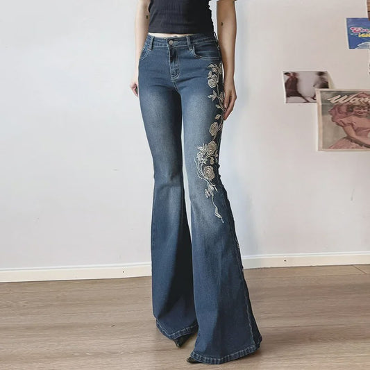 Dames Jeans met Retro Bloemenborduurwerk - Y2k Stijl Flared Broek