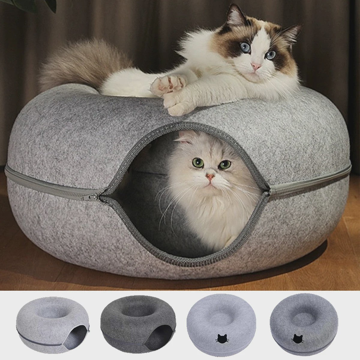 Ronde Katten Tunnel Nest - Comfortabel Vilt Bed en Speelhuisje