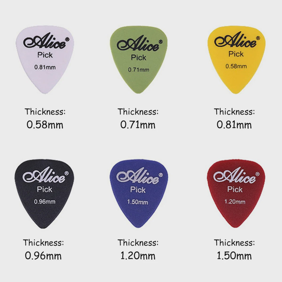 Alice Gitaar Plectrum Set - Diverse Diktes (0.58mm t/m 1.50mm) - 12/24/50/100 Stuks