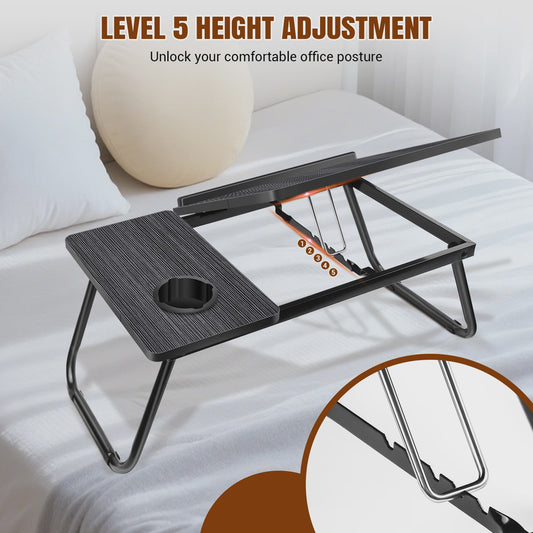 Opvouwbare Laptoptafel met 5 Hoogtestanden, Bekerhouder & Verstelbaar Bureau - Ideaal voor Bed, Bank of Balkon
