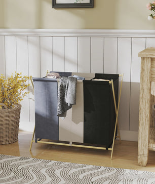 Opvouwbare Wasbox met 3 Vakken - 129L Capaciteit, Bamboe Frame & Uitneembare Zakken