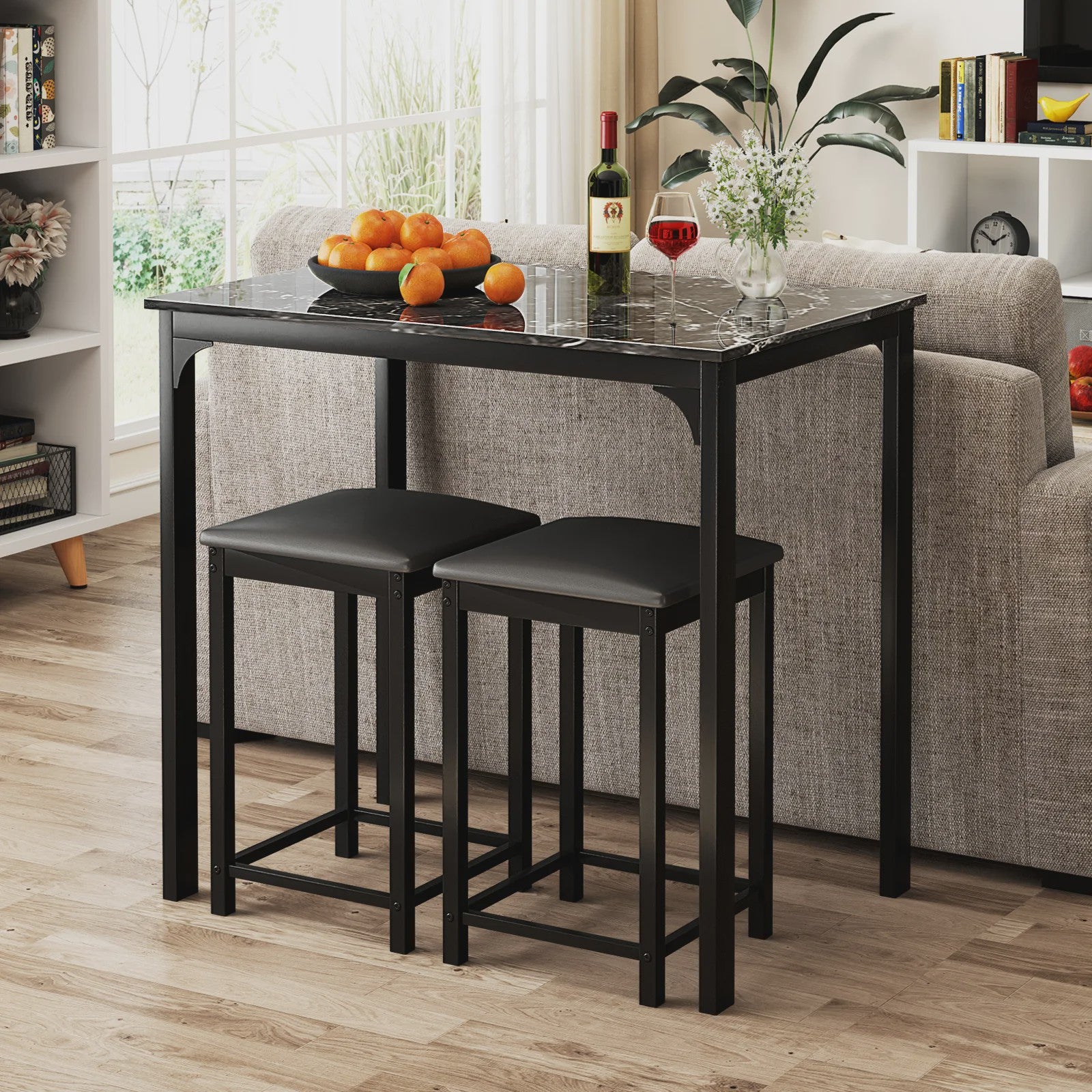 3-Delige Bartafel Set met 2 Krukken - Compact Keuken Tafelblad met Padded Stoelen