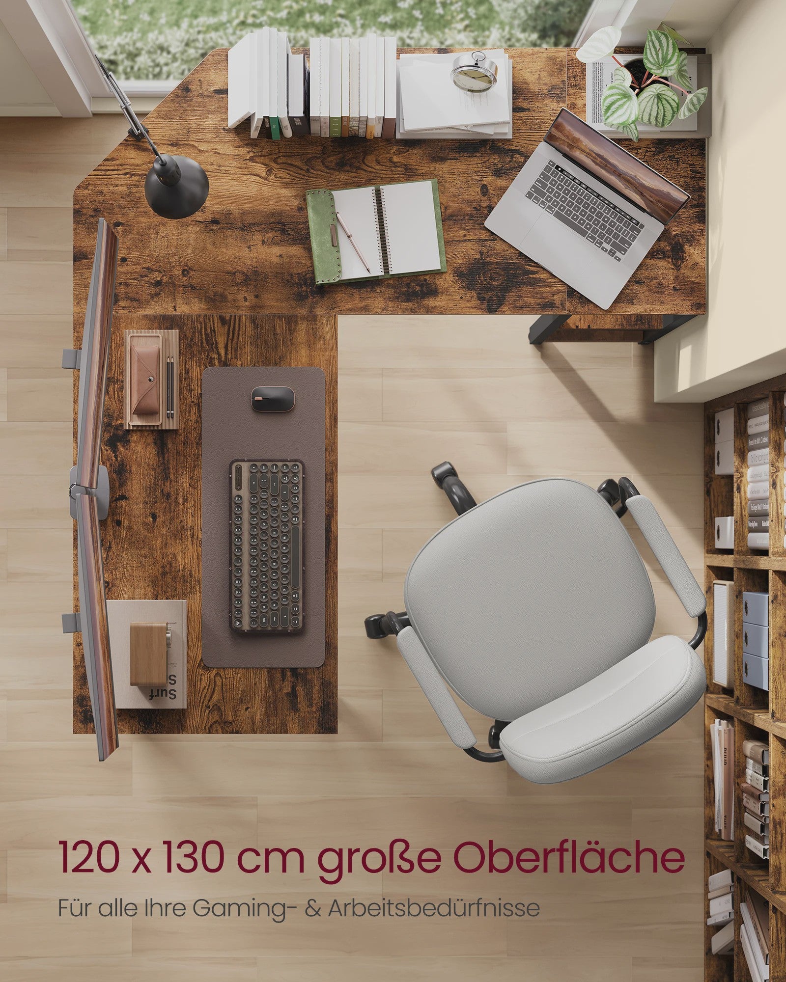 VASAGLE L-vormig Hoekbureau - Ruimtebesparend Kantoor Bureau 130x120x76 cm