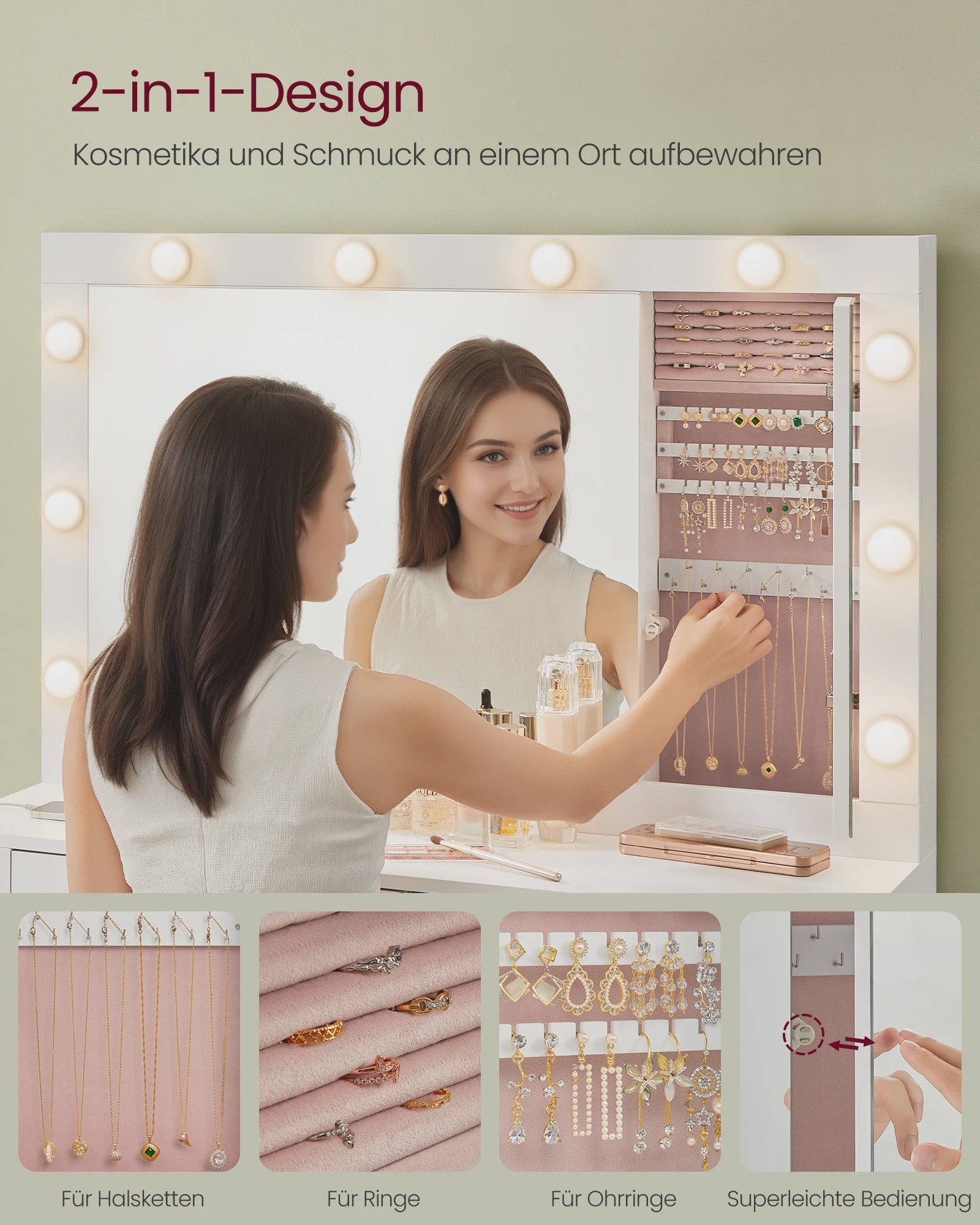 VASAGLE Kaptafel met LED Verlichting, Spiegel, Sieradenkast & Stopcontacten
