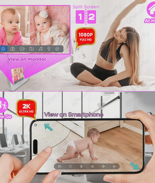 WiFi Babyfoon met Twee Camera's, Split-Screen, App Controle & 4.3" IPS Scherm - 2K 3MP Auto Tracking PTZ