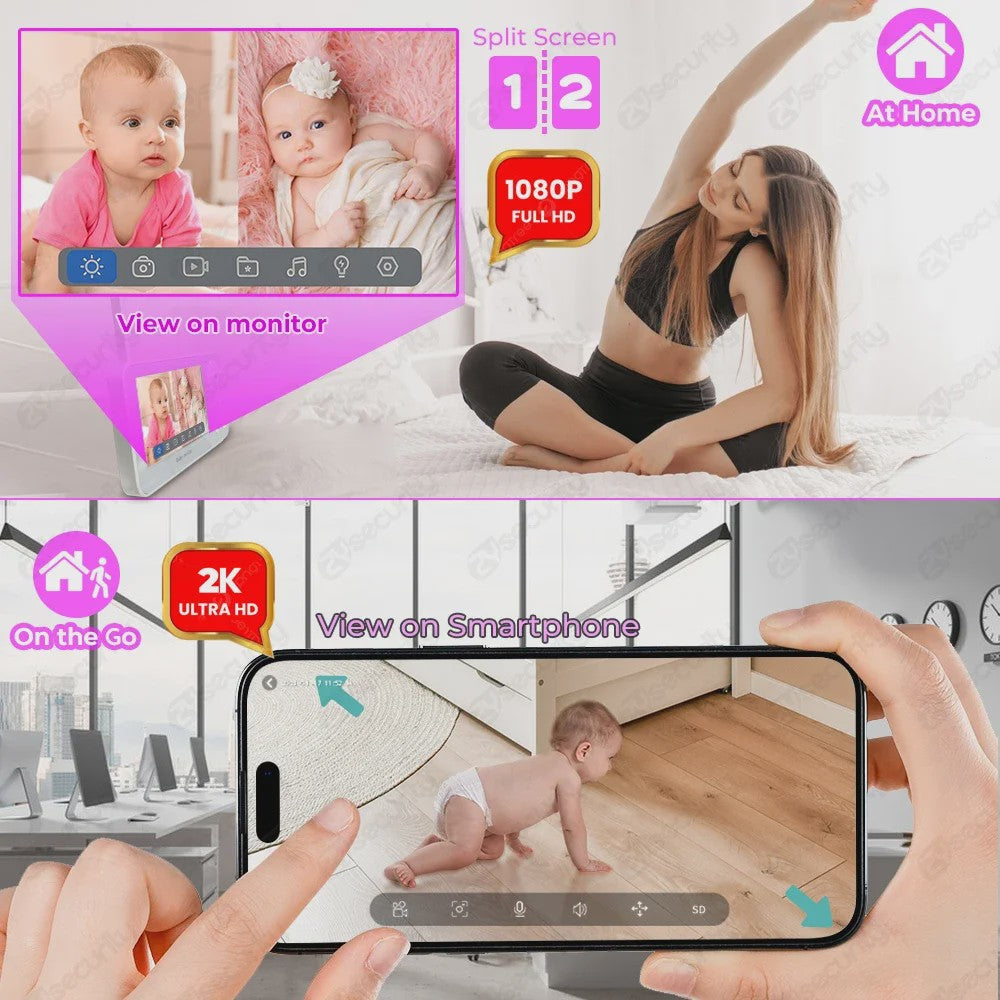 WiFi Babyfoon met Twee Camera's, Split-Screen, App Controle & 4.3" IPS Scherm - 2K 3MP Auto Tracking PTZ