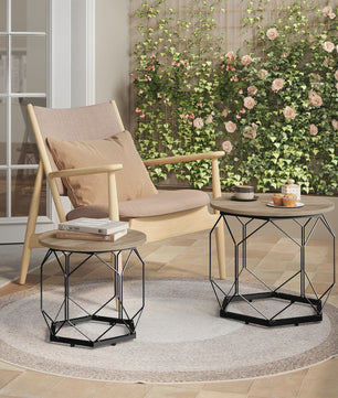 Set van 2 Ronde Bijzettafels met Opbergruimte - Stijlvolle Koffie- en Salontafels voor de Woonkamer met Metaal Frame en Hout