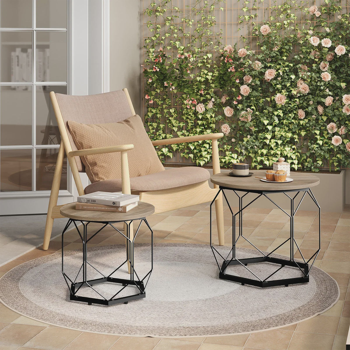Set van 2 Ronde Bijzettafels met Opbergruimte - Stijlvolle Koffie- en Salontafels voor de Woonkamer met Metaal Frame en Hout