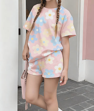 Girls Short Sleeve Crew Neck T-Shirt + Shorts Set Allover Multicolor Floral Print Casual Cute Kids Daily Outfit Ages 1-14
