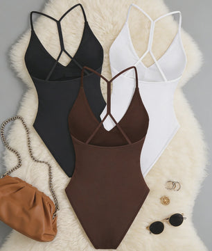 3-Pack Dames Bodysuit met V-hals en Gekruiste Bandjes op de Rug