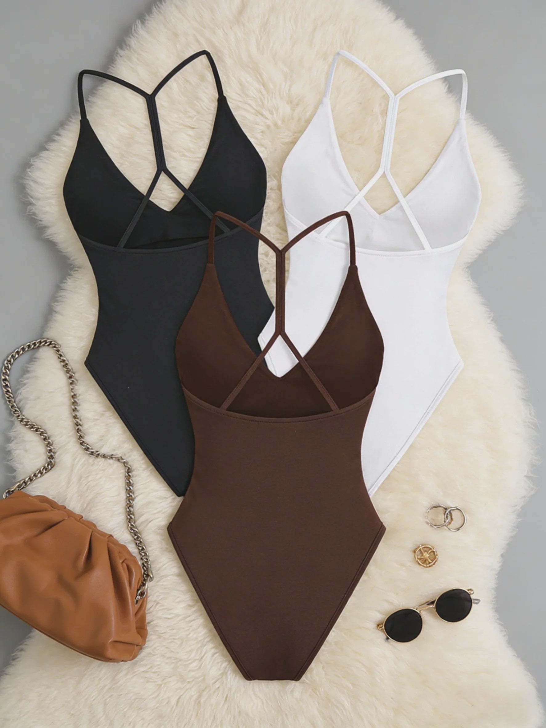 3-Pack Dames Bodysuit met V-hals en Gekruiste Bandjes op de Rug