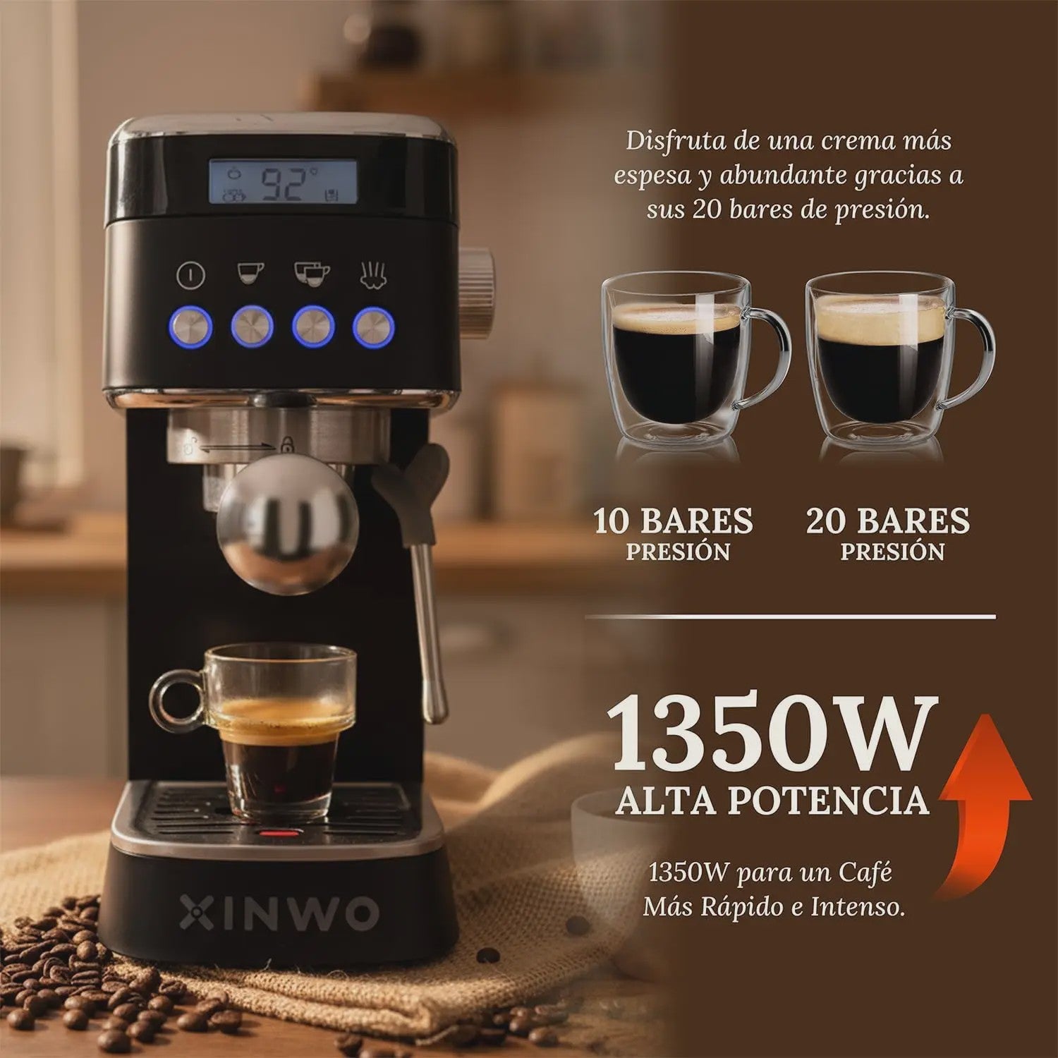 Volautomatische Espressomachine RVS - 1.2L, 20 Bar, Dubbele Portafilter